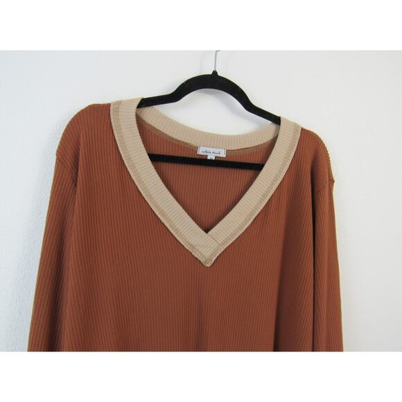 White Birch 2X Burnt Orange Ribbed Knit Long Sleeve Lightweight Sweater V-Neck - Picture 3 of 5